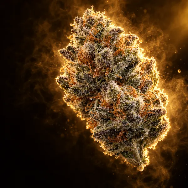 Berijpte cannabistop in gouden licht, ingevroren direct na de oogst