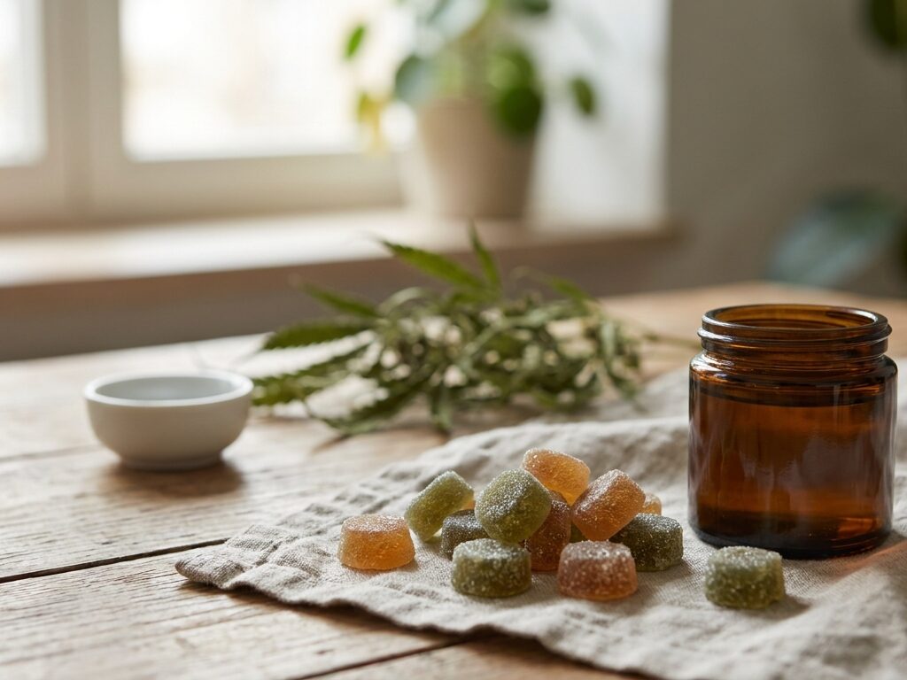thc snoep — plan d'ouverture éditorial, sujet net au premier plan, profondeur de champ courte, lumière naturelle rasante, fond contextuel discret