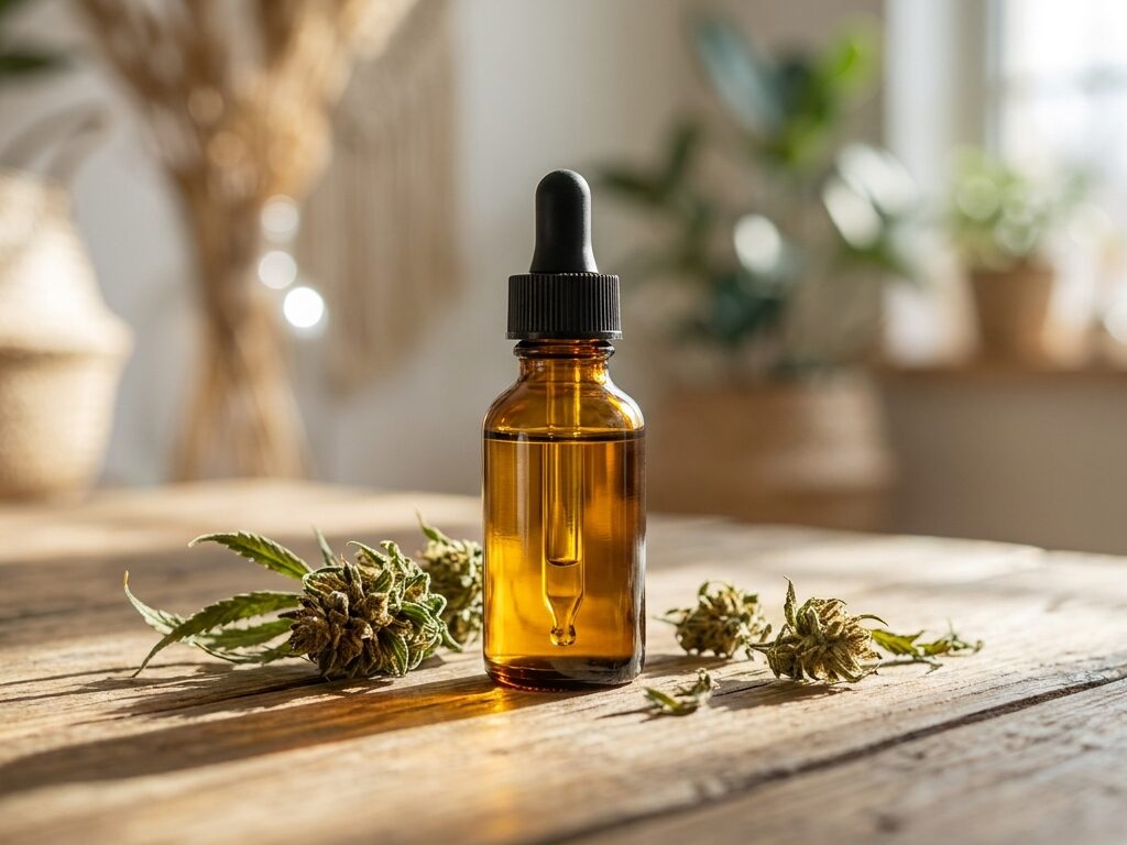 thc olie — plan d'ouverture éditorial, sujet net au premier plan, profondeur de champ courte, lumière naturelle rasante, fond contextuel discret