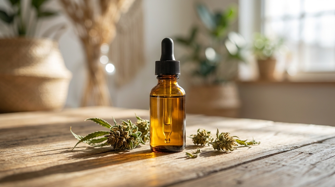 thc olie — plan d'ouverture éditorial, sujet net au premier plan, profondeur de champ courte, lumière naturelle rasante, fond contextuel discret