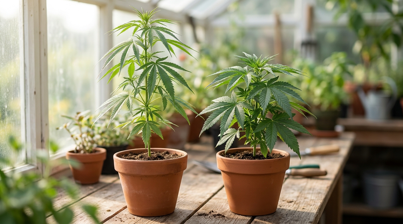 Twee cannabisplanten in een kas: links hoog en slank met smalle blaadjes, rechts laag en gedrongen met brede blaadjes