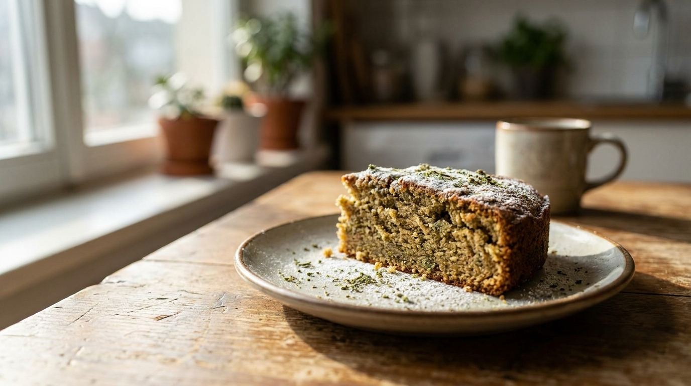 Stuk spacecake op een bord naast een kop koffie, de klassieke Nederlandse edible uit de coffeeshop