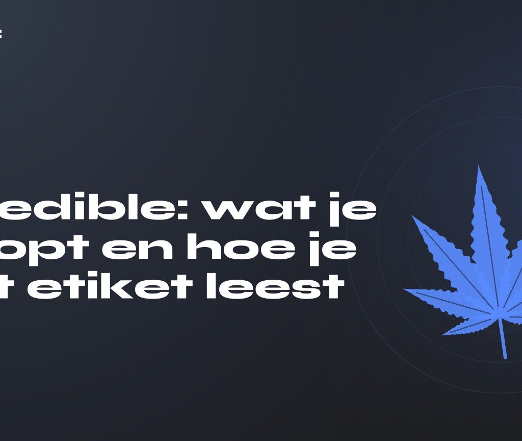 1 g edible: wat je koopt en hoe je het etiket leest — titel op donkere achtergrond, gestileerd hennepblad