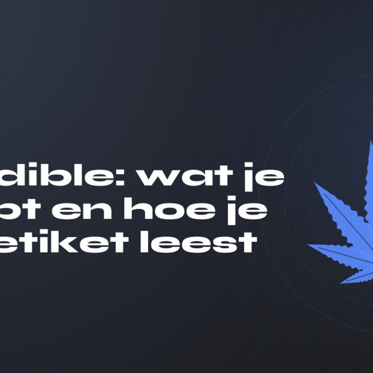 1 g edible: wat je koopt en hoe je het etiket leest — titel op donkere achtergrond, gestileerd hennepblad