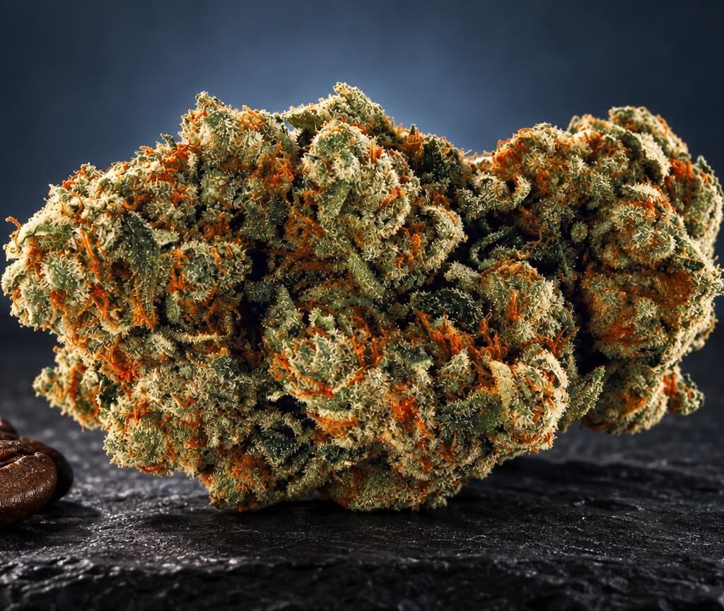 Dichte cannabisbloem met groen-oranje tinten naast bruine zaden, op donkere ondergrond