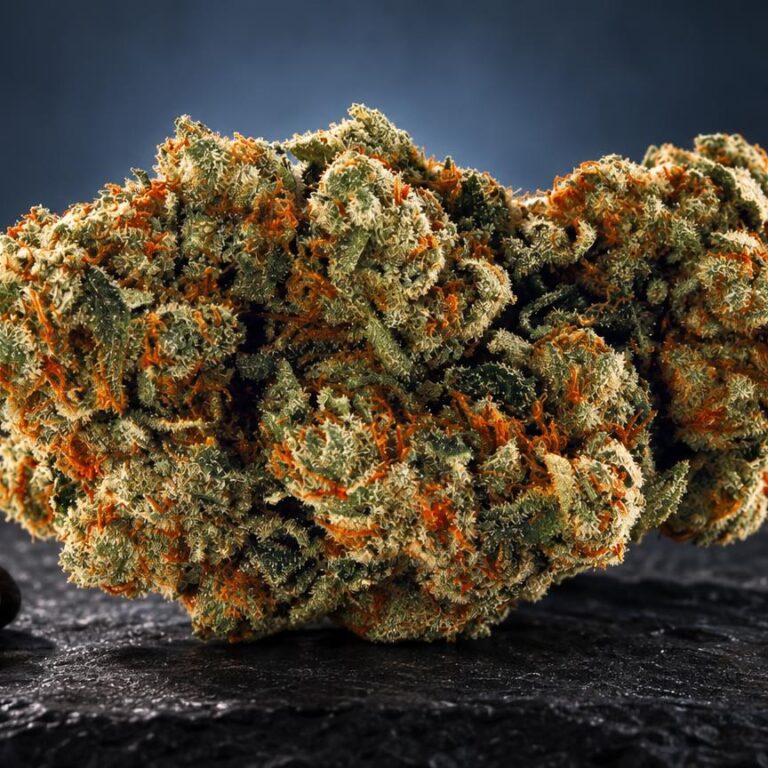 Dichte cannabisbloem met groen-oranje tinten naast bruine zaden, op donkere ondergrond