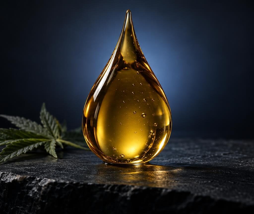 Goudgele olidruppel met hennepblad op donkere achtergrond, verwijzend naar cannabisproducten en kwaliteitsevaluatie