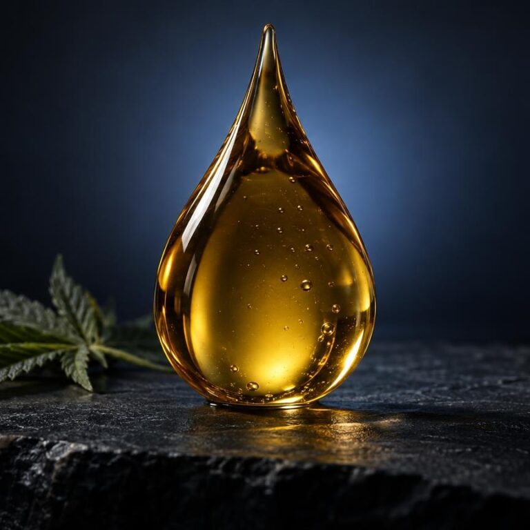 Goudgele olidruppel met hennepblad op donkere achtergrond, verwijzend naar cannabisproducten en kwaliteitsevaluatie