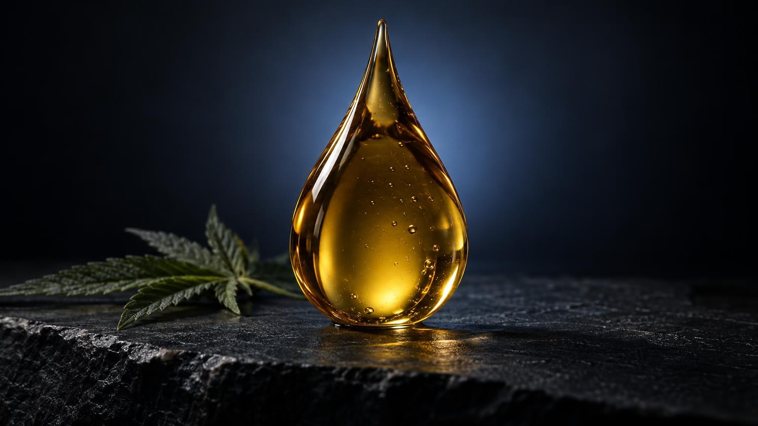 Goudgele olidruppel met hennepblad op donkere achtergrond, verwijzend naar cannabisproducten en kwaliteitsevaluatie