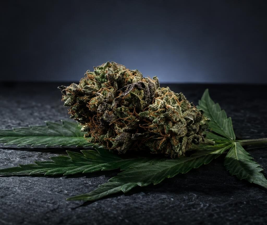 Gedroogde cannabisbloem met kristallijne structuur naast groene bladeren, black crystalline variant