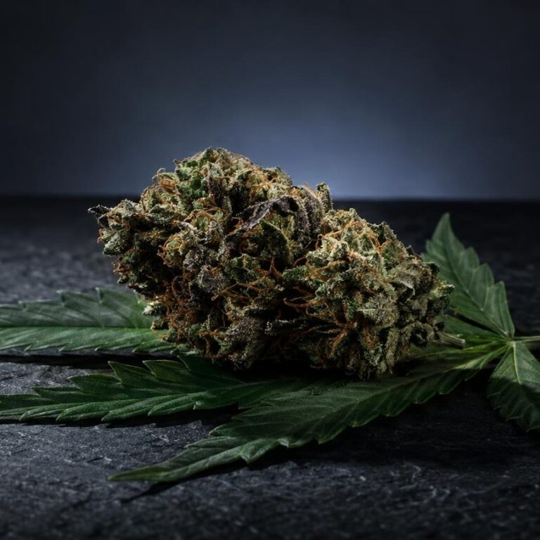 Gedroogde cannabisbloem met kristallijne structuur naast groene bladeren, black crystalline variant