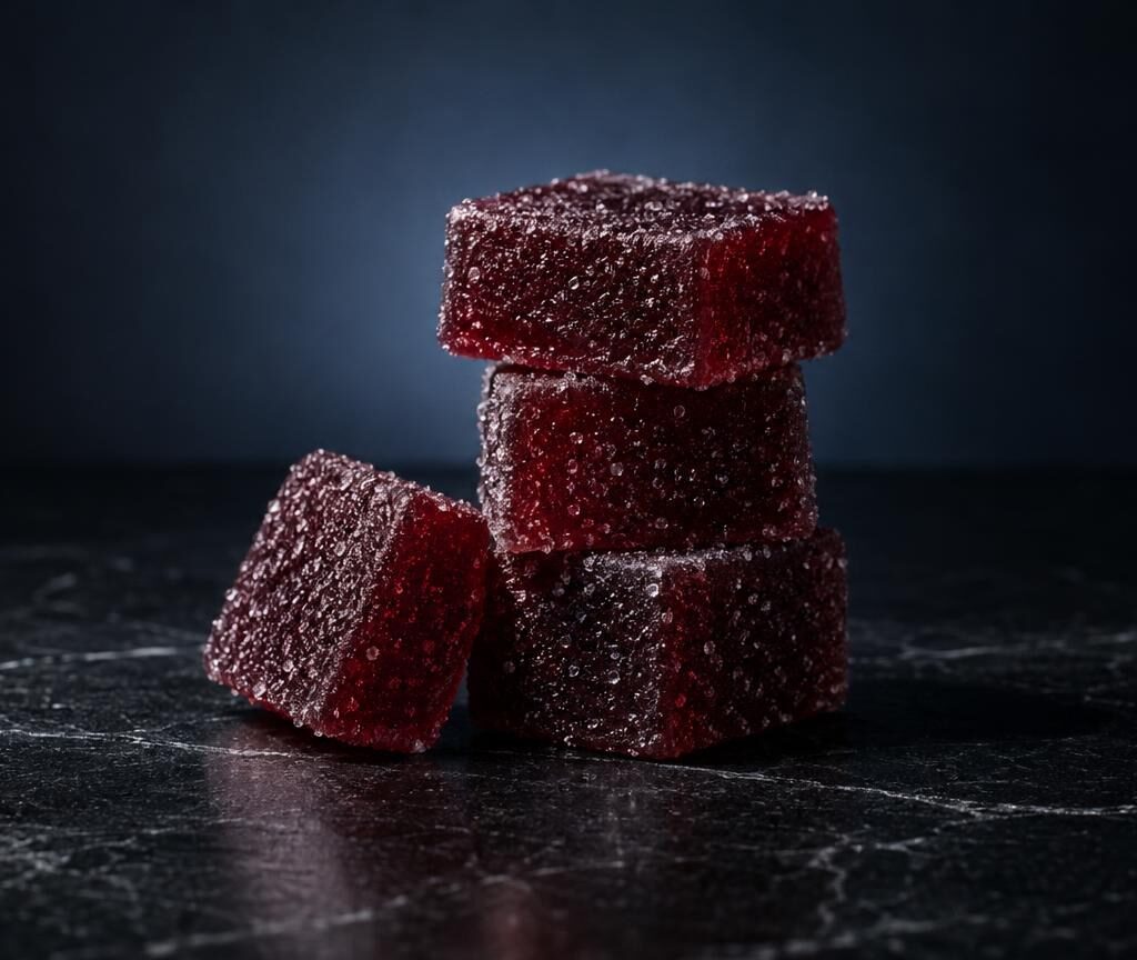 Drie rode gummies met kristallijne suiker coating op donkere achtergrond, gestapeld en los