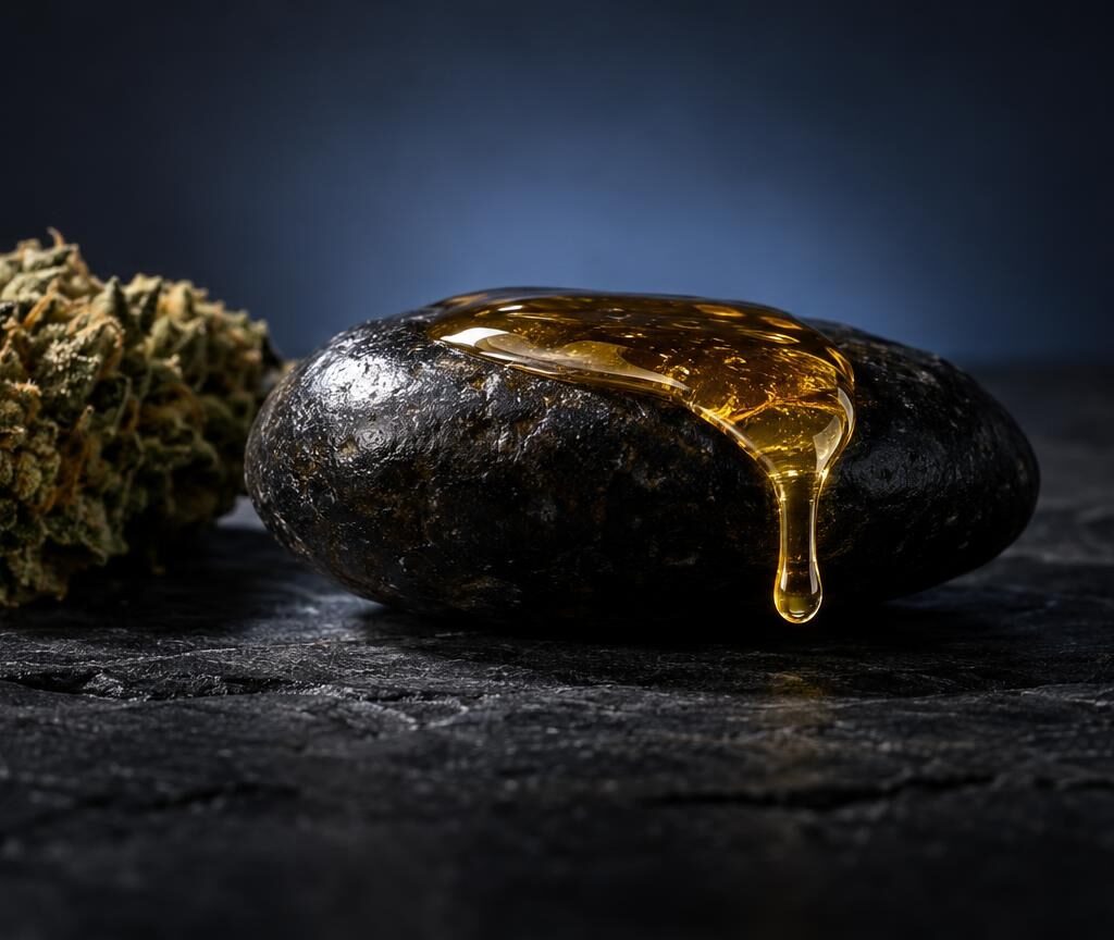 Druppel goudkleurige vloeistof op zwart ei naast gedroogde cannabisknop, symboliseert concentraat en plant