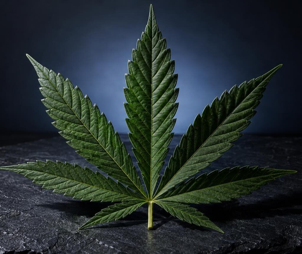 Cannabisblad met negen puntige bladeren op donker oppervlak, geïllumineerd tegen blauwe achtergrond
