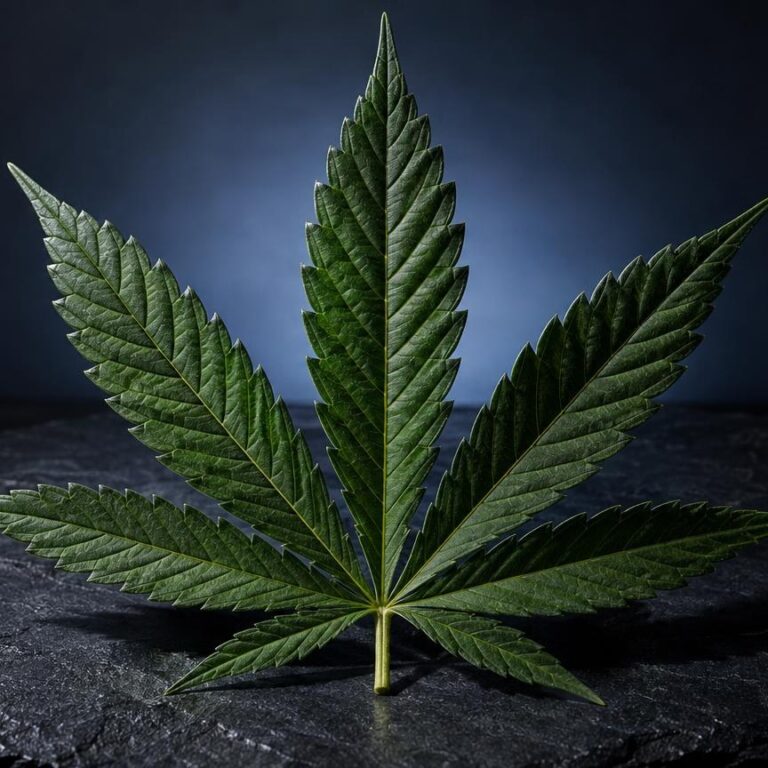 Cannabisblad met negen puntige bladeren op donker oppervlak, geïllumineerd tegen blauwe achtergrond