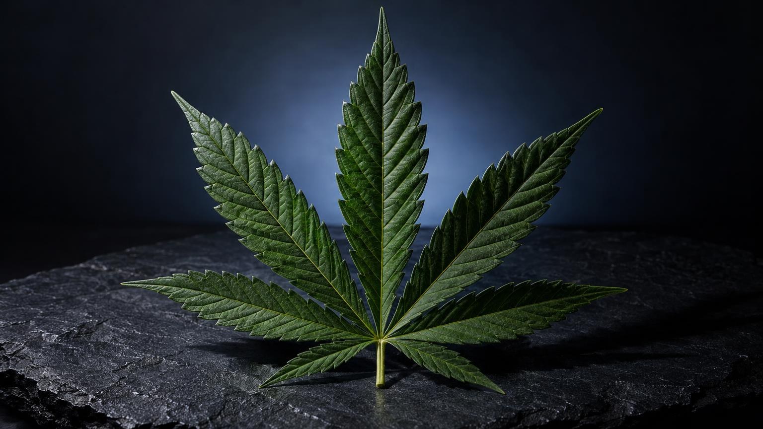 CBD Amsterdam: cannabisblad met negen puntige bladeren op donker oppervlak, geïllumineerd tegen blauwe achtergrond