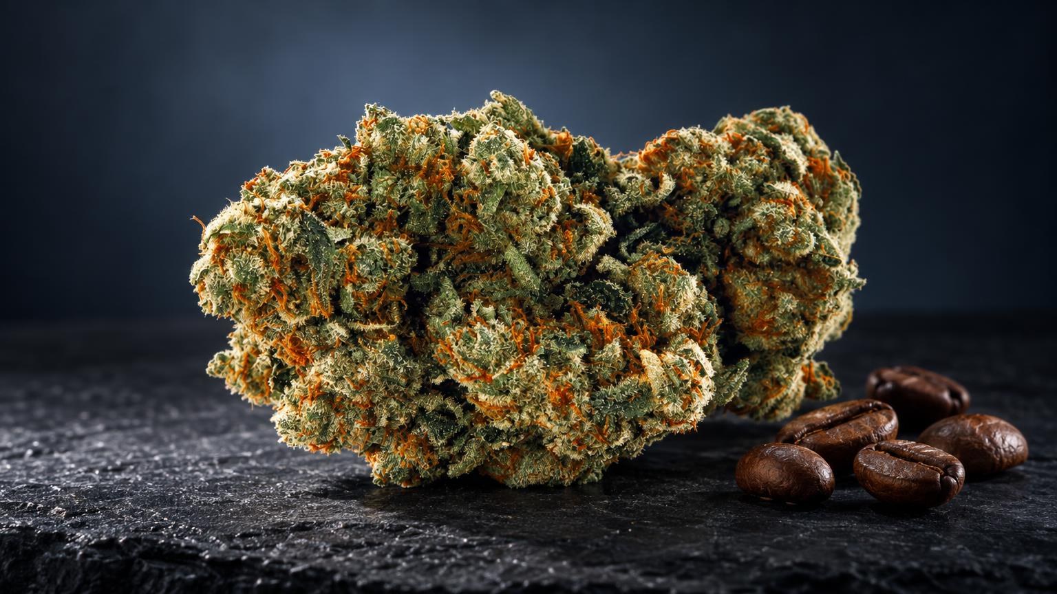 Amnesia CBD bloemen met dichte, groene toppen en oranje haartjes, naast cacaobonen op donker oppervlak