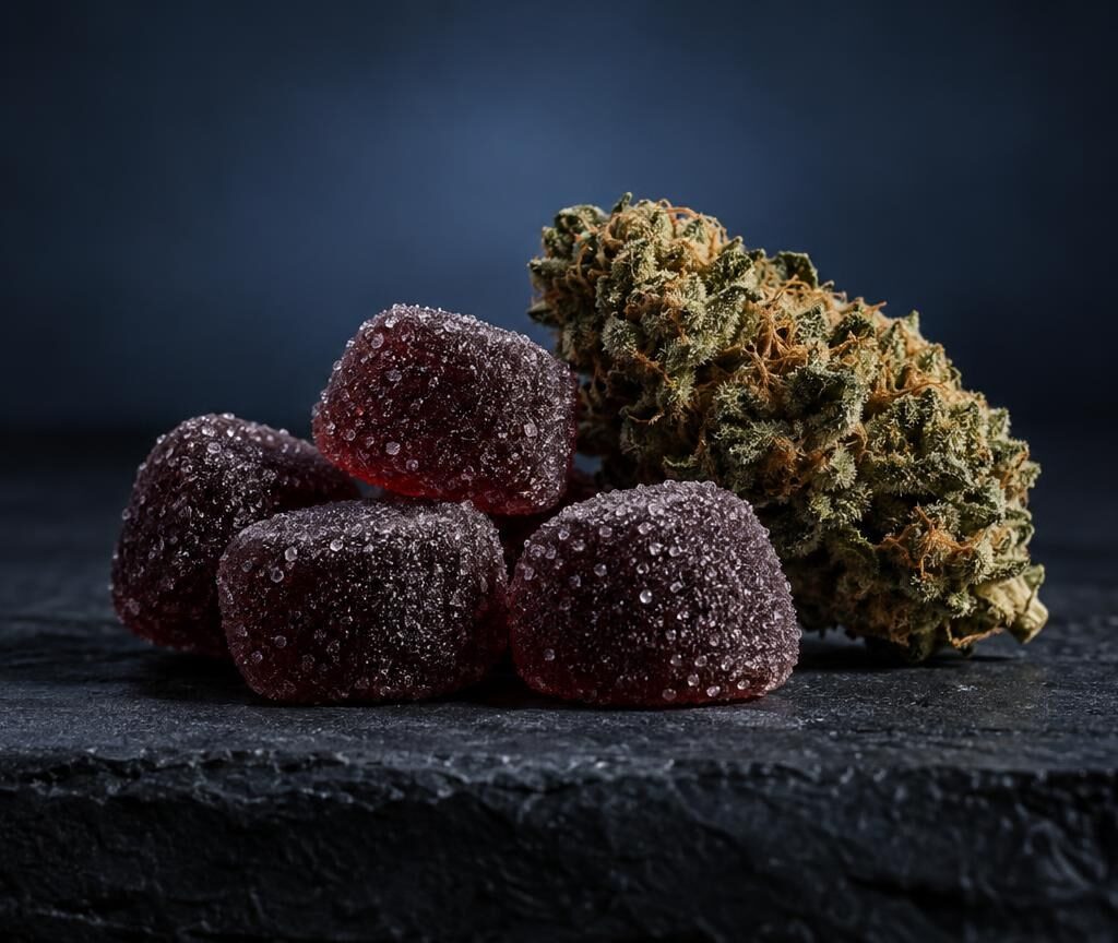 Rode CBD gummies met suikerlaag naast cannabisbloem op donker oppervlak, illustratie van productsoorten.