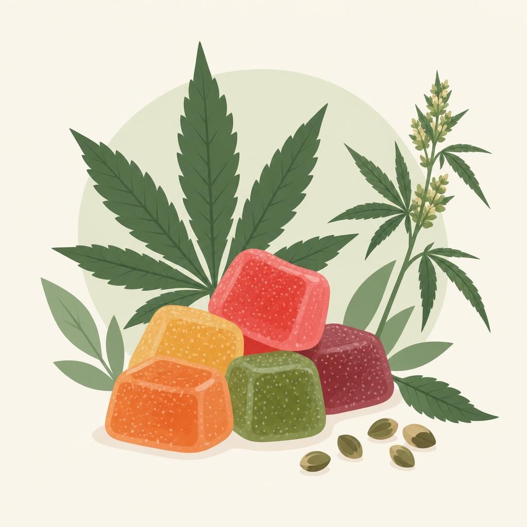 CBD gummies: gekleurde snoepjes in rood, oranje, groen en paars met cannabisbladeren en zaden op neutrale achtergrond