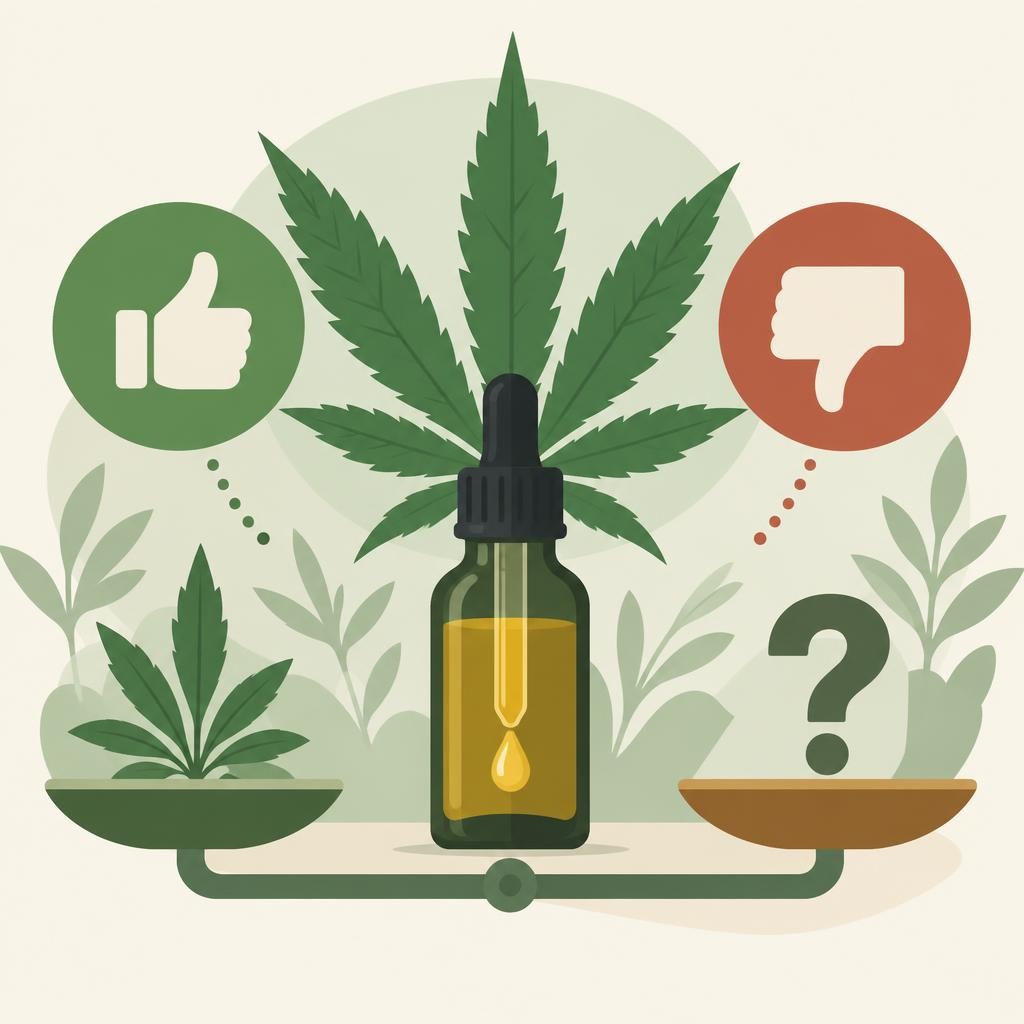 CBD olie Action: fles met gele olie omgeven door cannabisplanten, met duim omhoog, duim omlaag en vraagteken symbolen