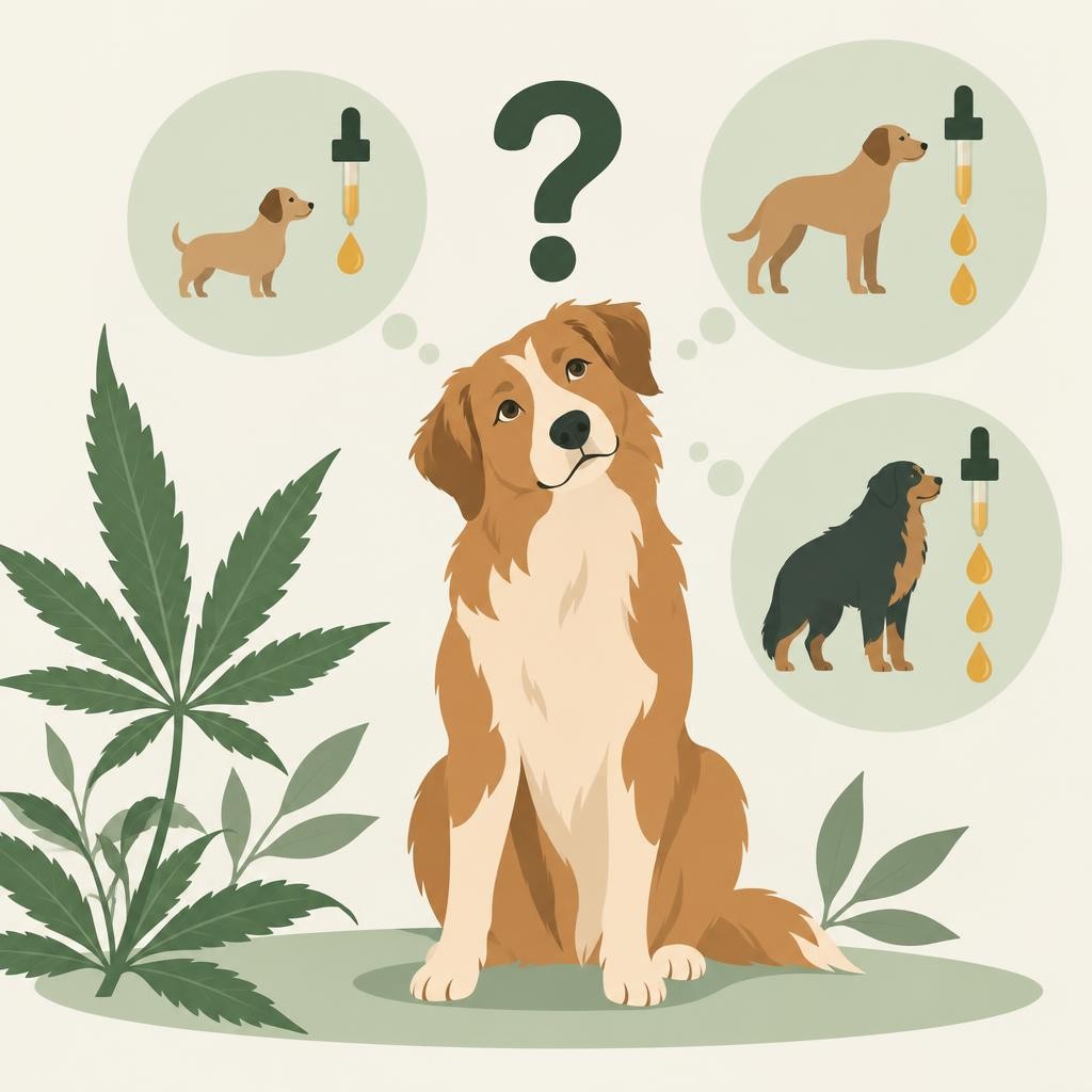 Bruine en witte hond omgeven door vier cirkels met verschillende hondtypes en druppelflessen, plus cannabisplant