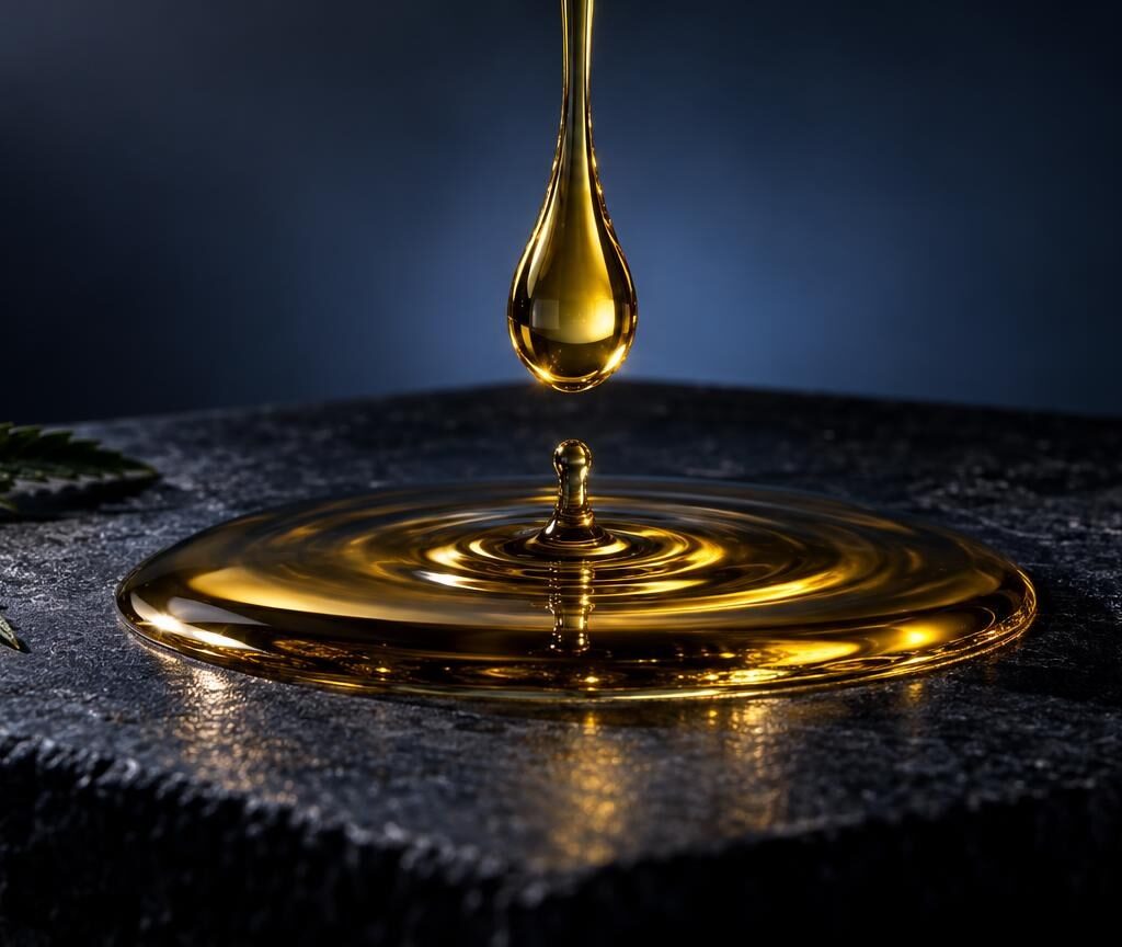 Gouden olie druppelt in cirkelvormige golven op een donker oppervlak, met hennepblad ernaast