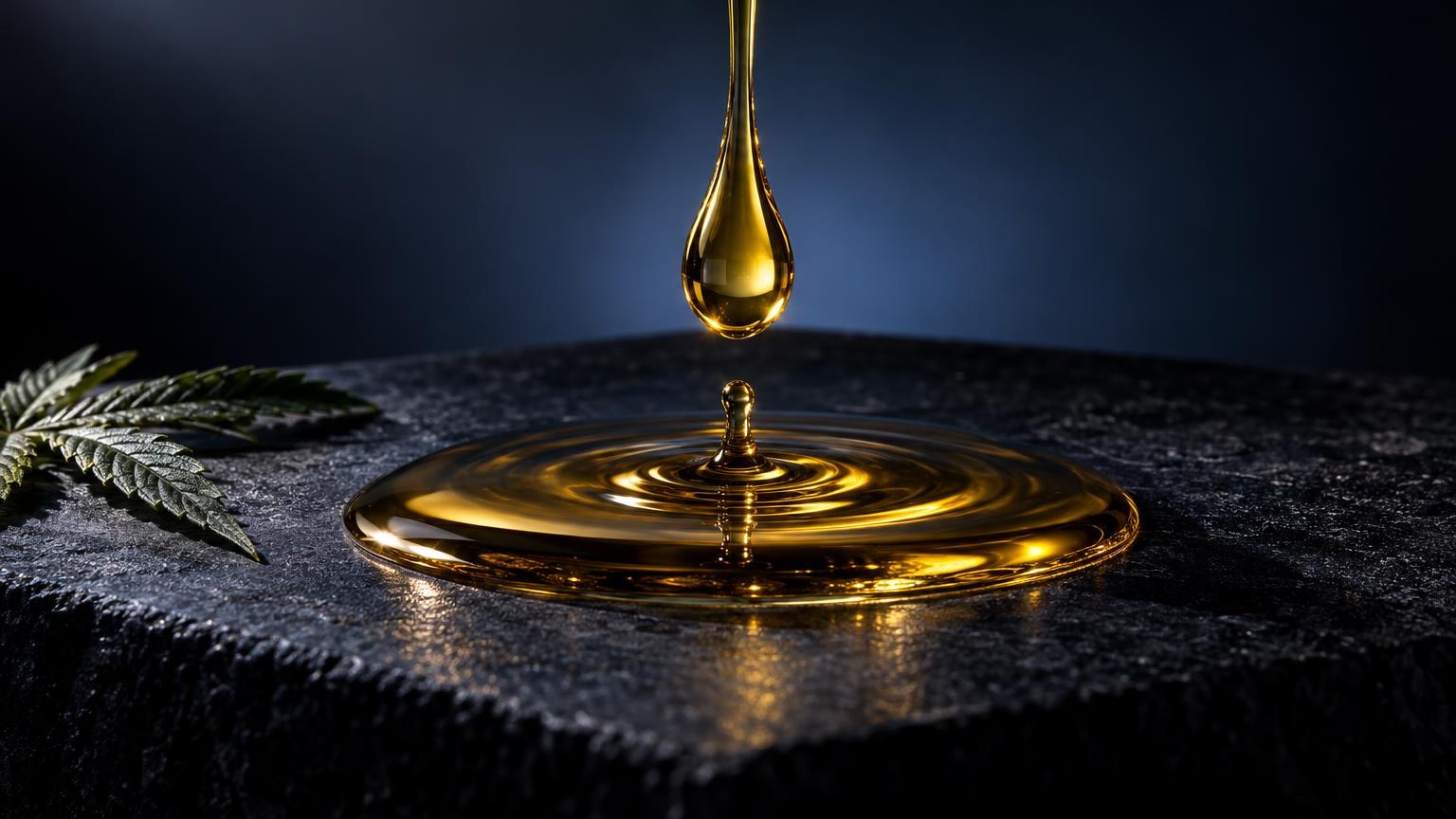 Cbd olie waar goed voor: gouden olie druppelt in cirkelvormige golven op een donker oppervlak, met hennepblad ernaast