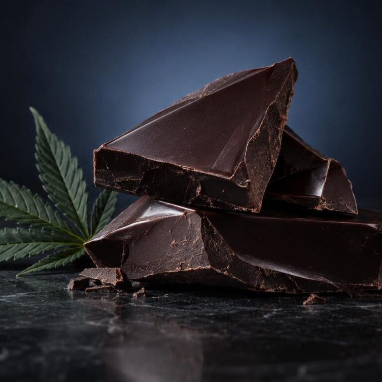 CBD snoep: donkere chocoladestukken gestapeld op donkere ondergrond met groen cannabisblad ernaast