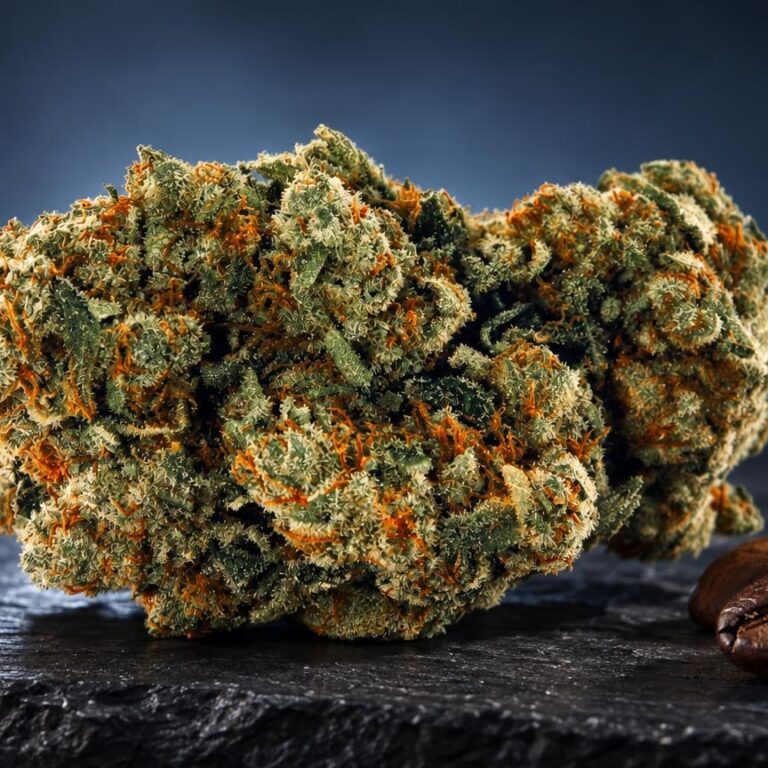CBD-wiet: amnesia met dichte, groene bloemen bedekt met kristallen, naast bruine zaden op donkere ondergrond