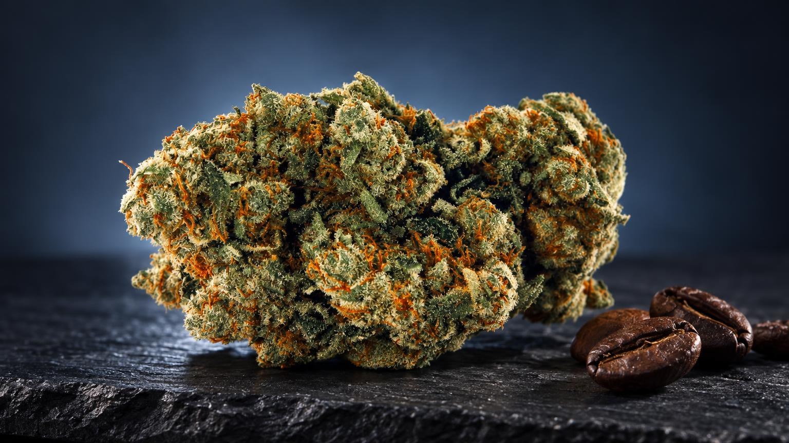 CBD-wiet: amnesia met dichte, groene bloemen bedekt met kristallen, naast bruine zaden op donkere ondergrond