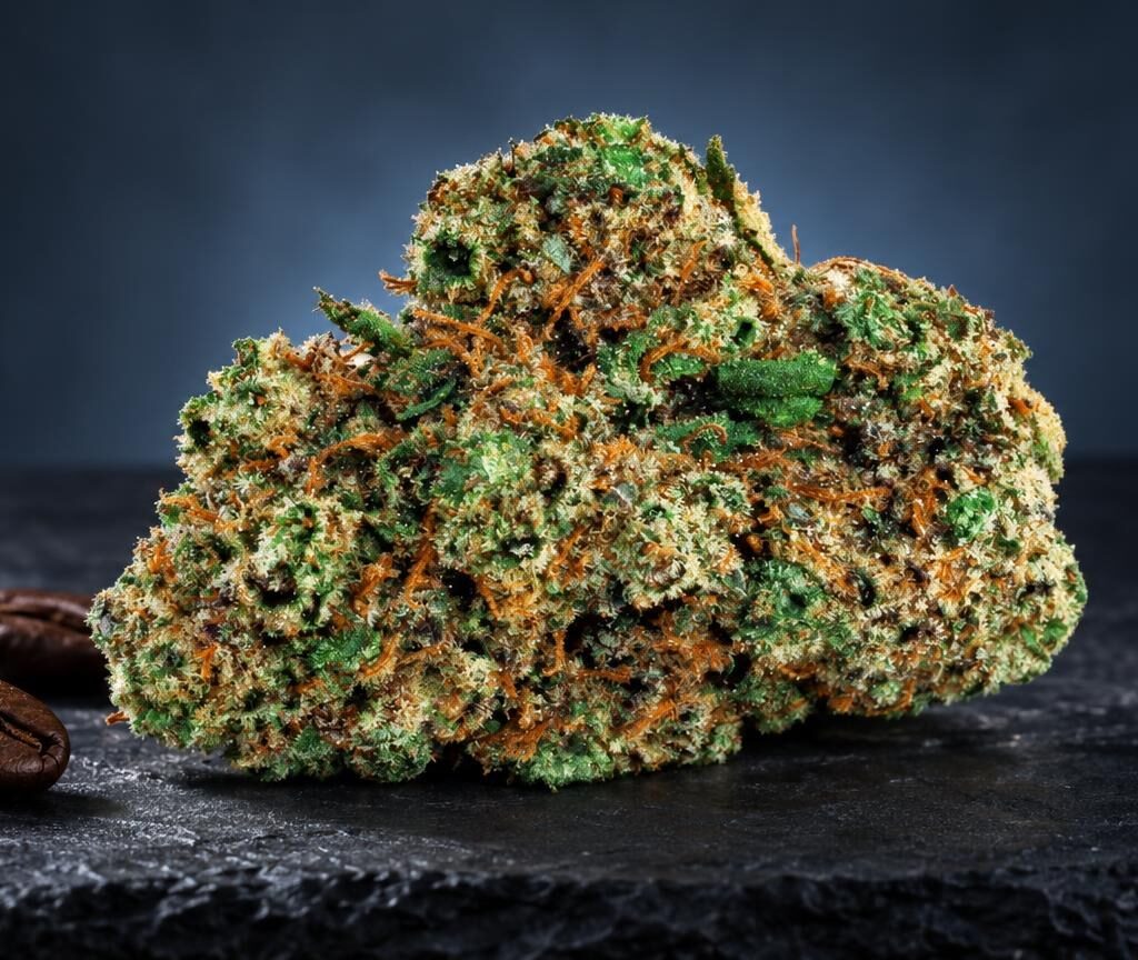 Groene en bruine cannabisknop met dichte kristalstructuur, naast koffiebonen, tegen donkere achtergrond