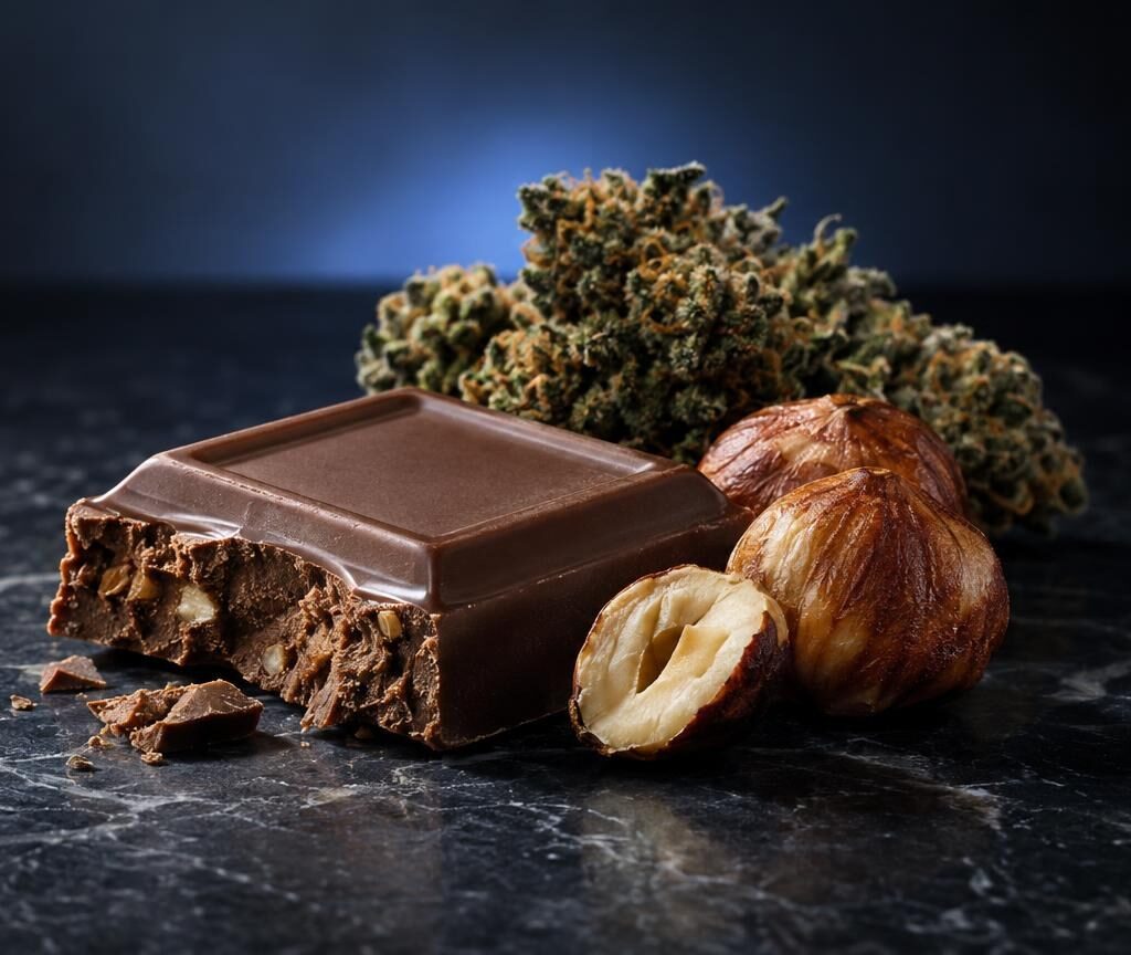 Chocolade, cacaokruimels, noisettes en cannabis bloem op donkere ondergrond voor Cookie cream artikel