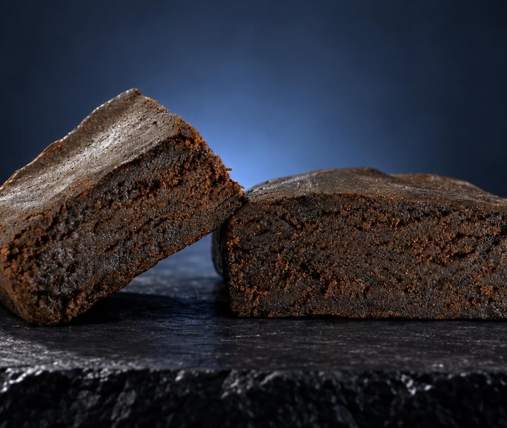 Twee bruine hashblokken met korrelstructuur op donkere ondergrond, illustrerend de traditionele vorm van dit product