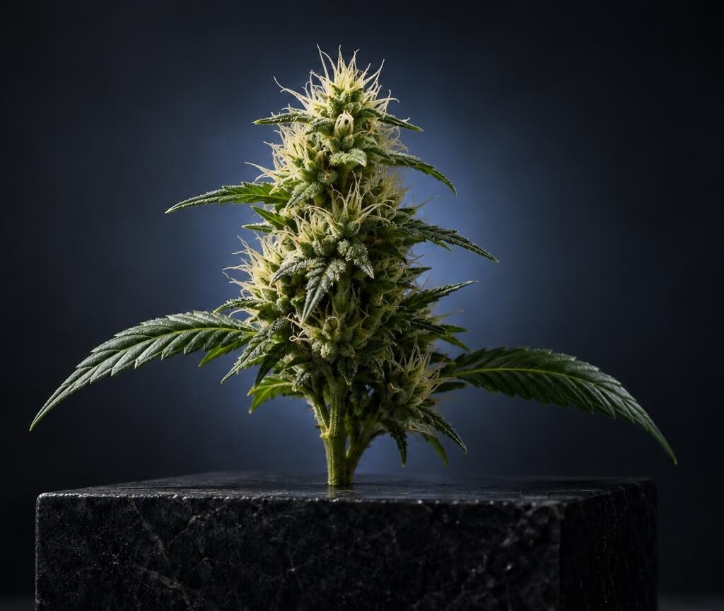 Cannabisplant met dichte bloeiwijze en bladeren, op donkere achtergrond, illustreert de plantaardige bron van cannabinoïden