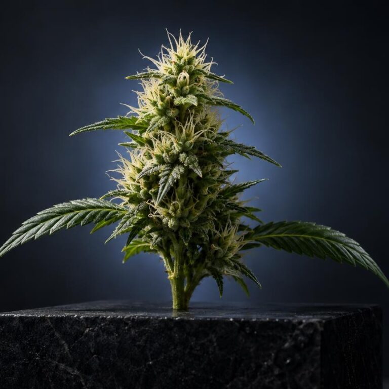 Cannabisplant met dichte bloeiwijze en bladeren, op donkere achtergrond, illustreert de plantaardige bron van cannabinoïden