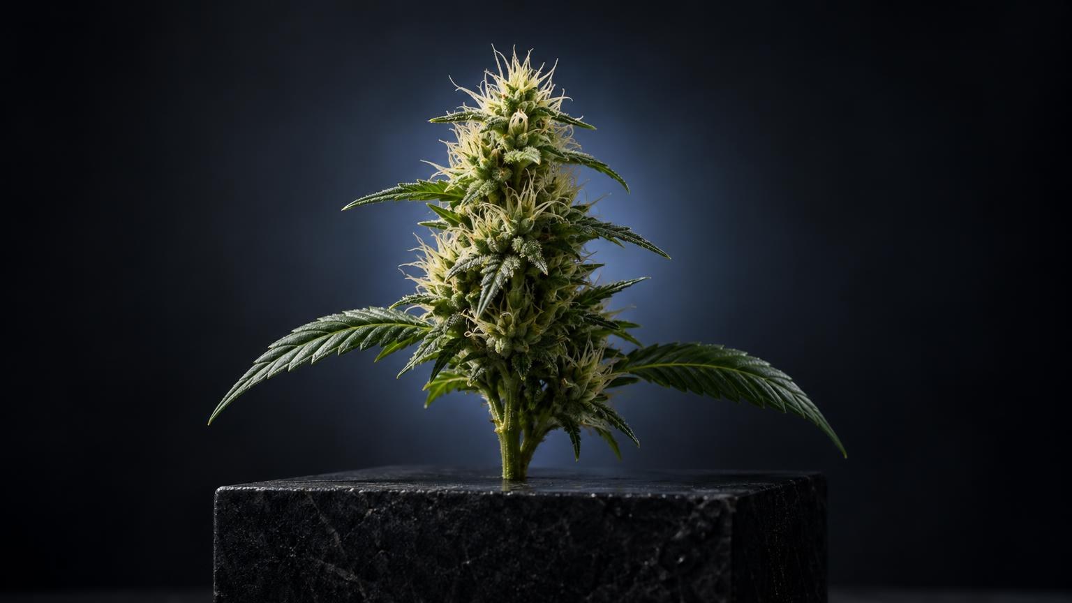 Cannabisplant met dichte bloeiwijze en bladeren, op donkere achtergrond, illustreert de plantaardige bron van cannabinoïden