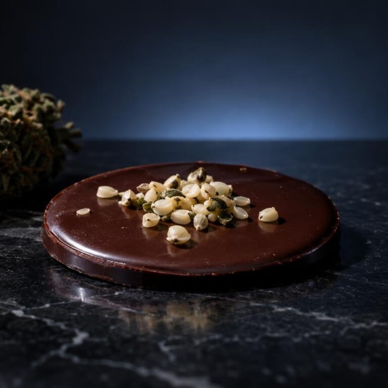 Edible treasure: donkerbruine ronde taart met nootjes erop, naast gedroogde cannabis-bloem, op zwart marmer