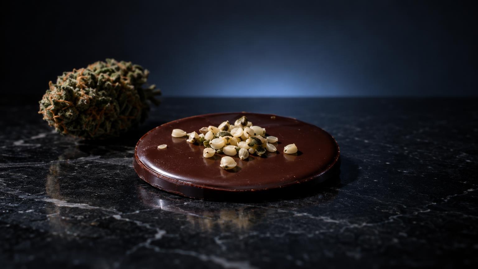 Edible treasure: donkerbruine ronde taart met nootjes erop, naast gedroogde cannabis-bloem, op zwart marmer