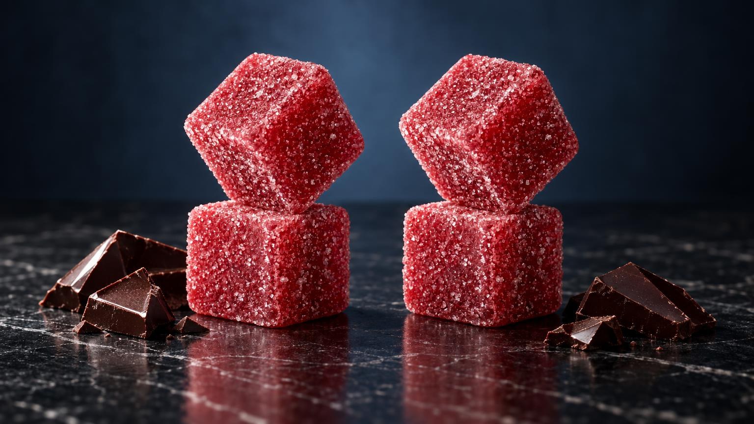 Twee rode suikerblokjes gestapeld naast donkere chocoladebrokken op donkere ondergrond, Edible treasure