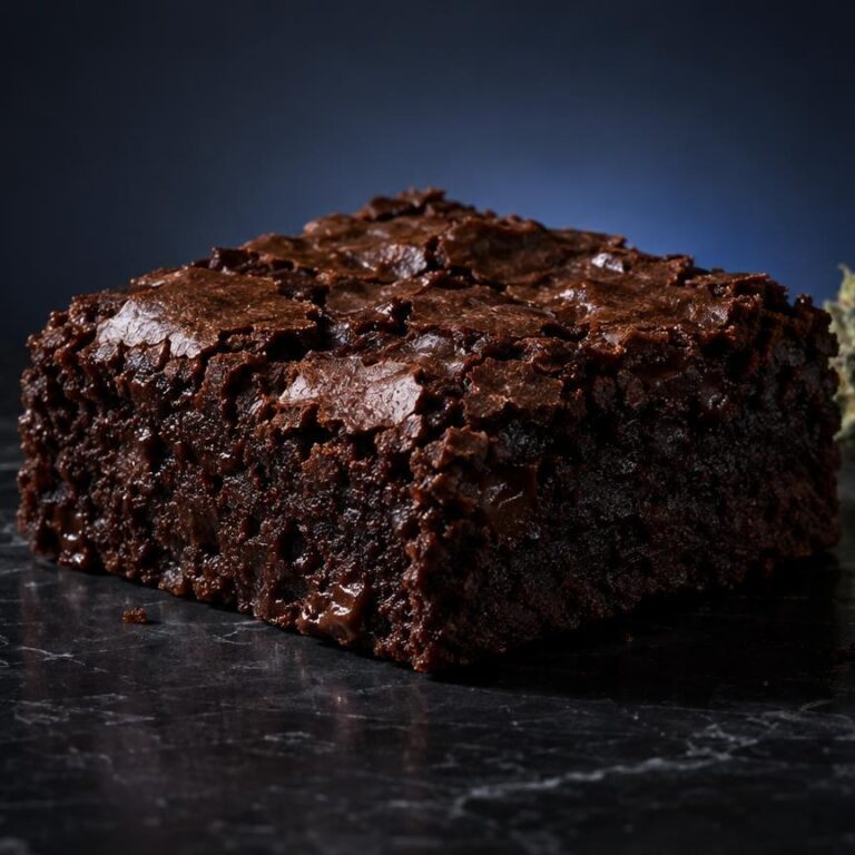 Chocoladebrownie met kruimels op donkere ondergrond naast cannabisblad, edibles kopen belgie