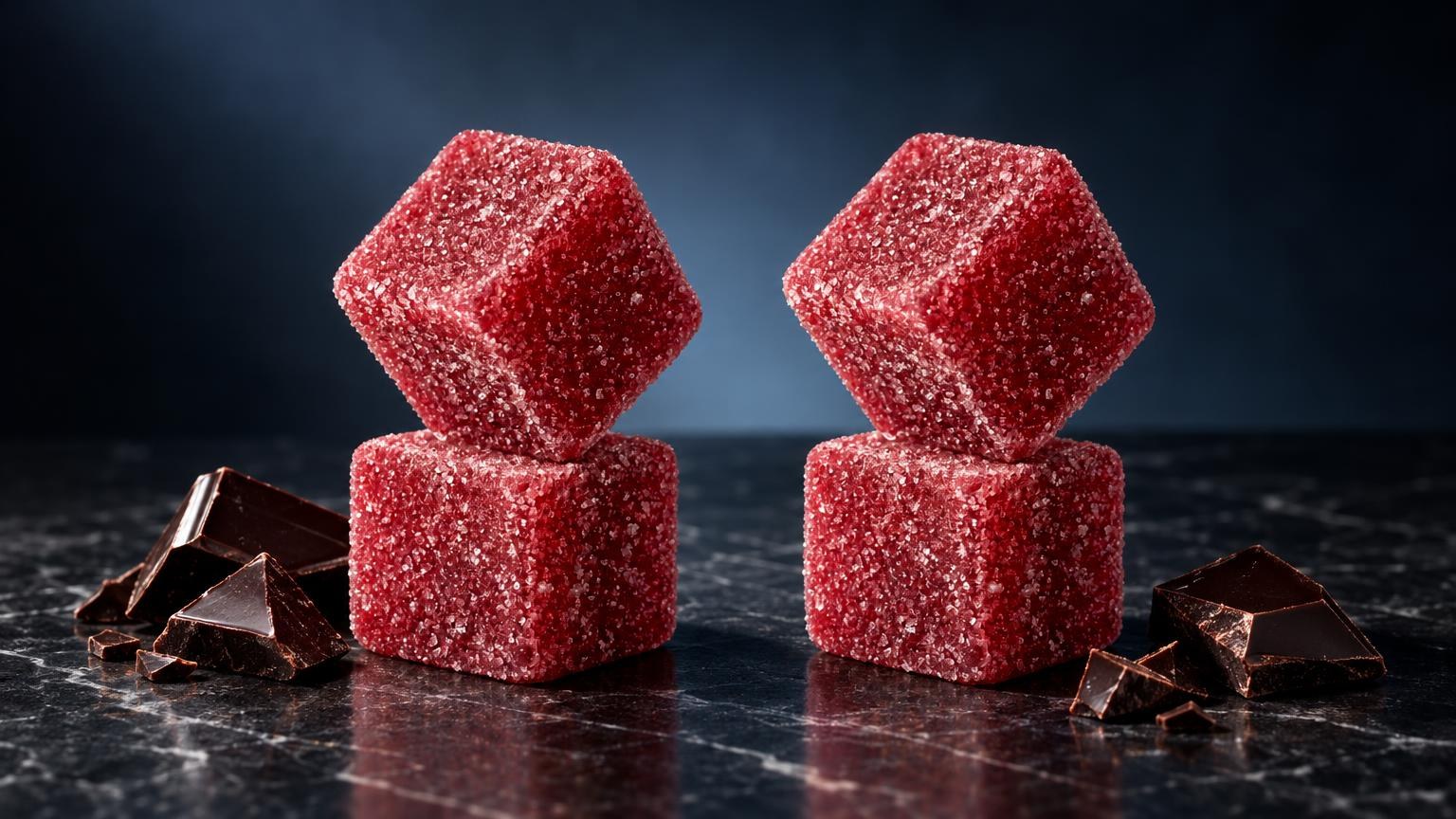 Twee stapels rode kristalsuiker-gecoate snoepjes met chocoladestukjes, Magic Candy THC-snoep voor edibles kopen belgie
