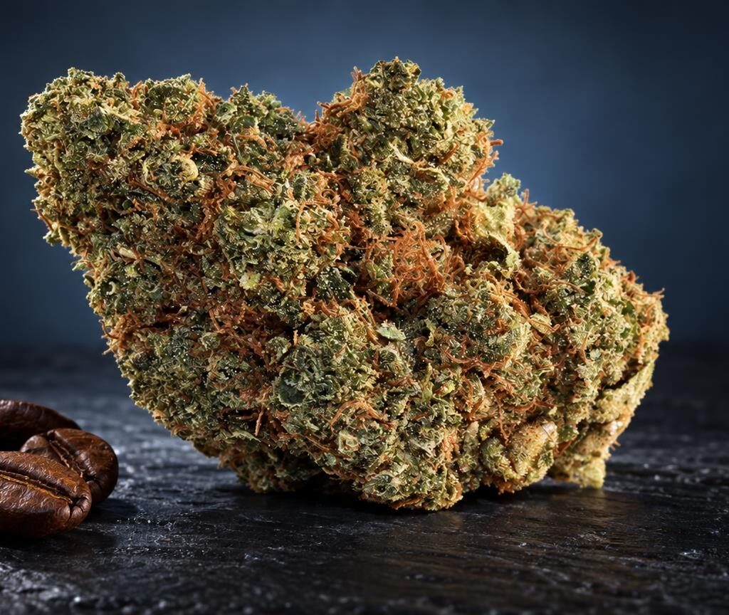 Groene en bruine knoppen met kristallijne structuur naast een zaad op donkerblauwe ondergrond, G Scout Cookies-ras