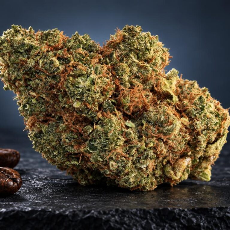 Girl Scout Cookies wiet bloemtop met gelige en bruine tinten, groene nuances, naast bruine koffie­bonen op donkere ondergrond