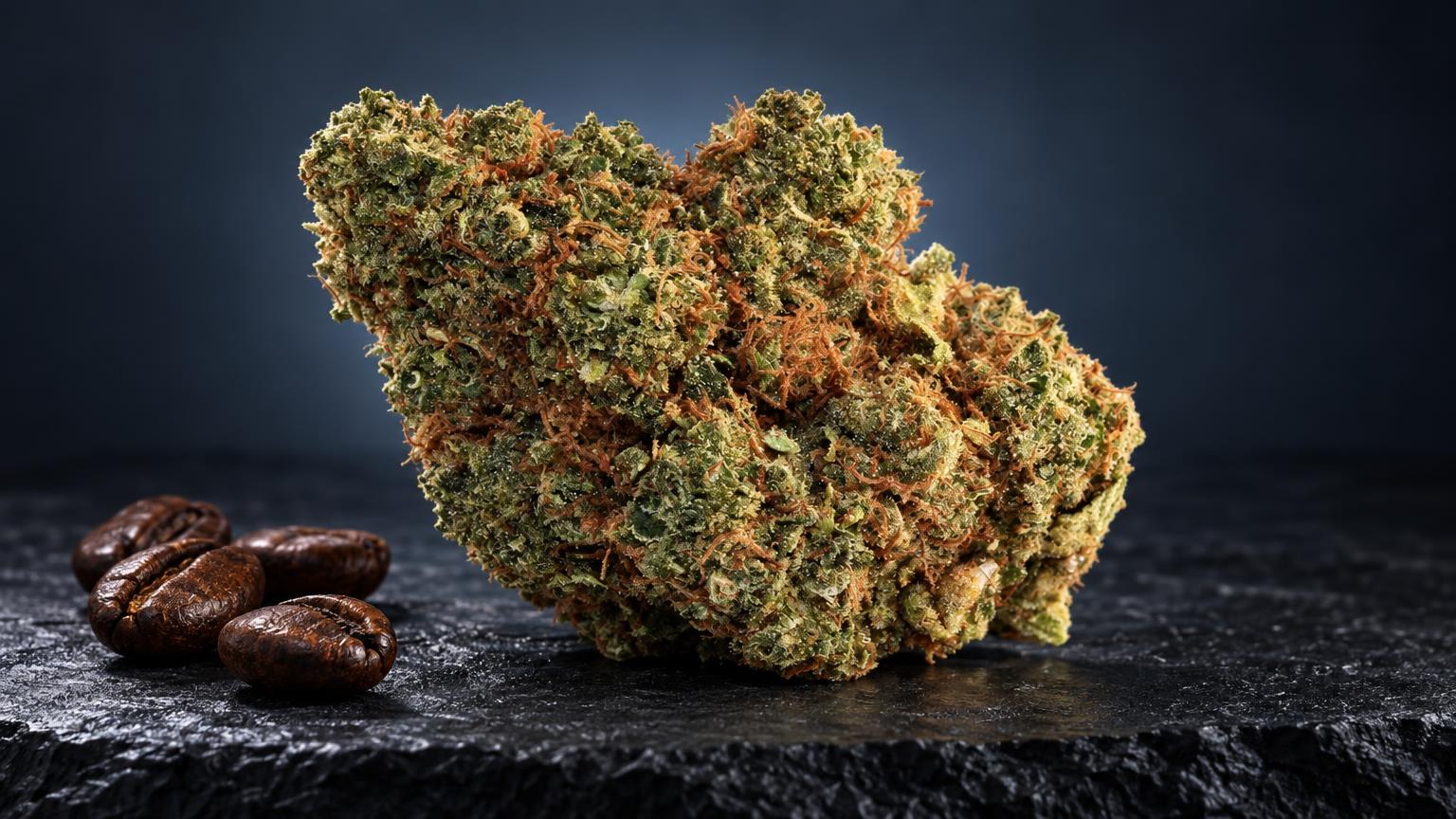 Girl Scout Cookies wiet bloemtop met gelige en bruine tinten, groene nuances, naast bruine koffiebonen op donkere ondergrond