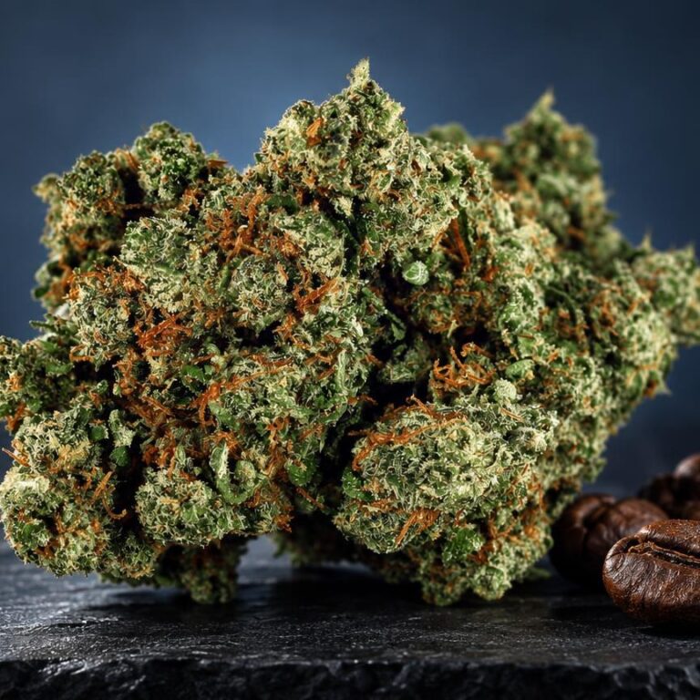 Gorilla Glue wiet met groene en oranje tinten naast koffiebonen op donkere achtergrond