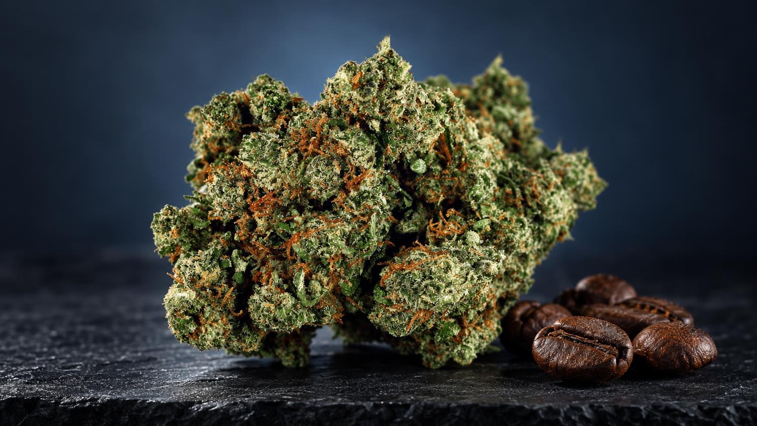 Gorilla Glue wiet met groene en oranje tinten naast koffiebonen op donkere achtergrond