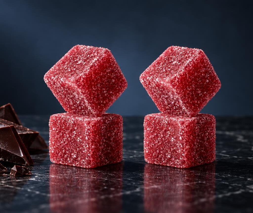 Twee rode vierkante snoepjes met suiker bedekt, naast bruine chocolade, op donkere achtergrond