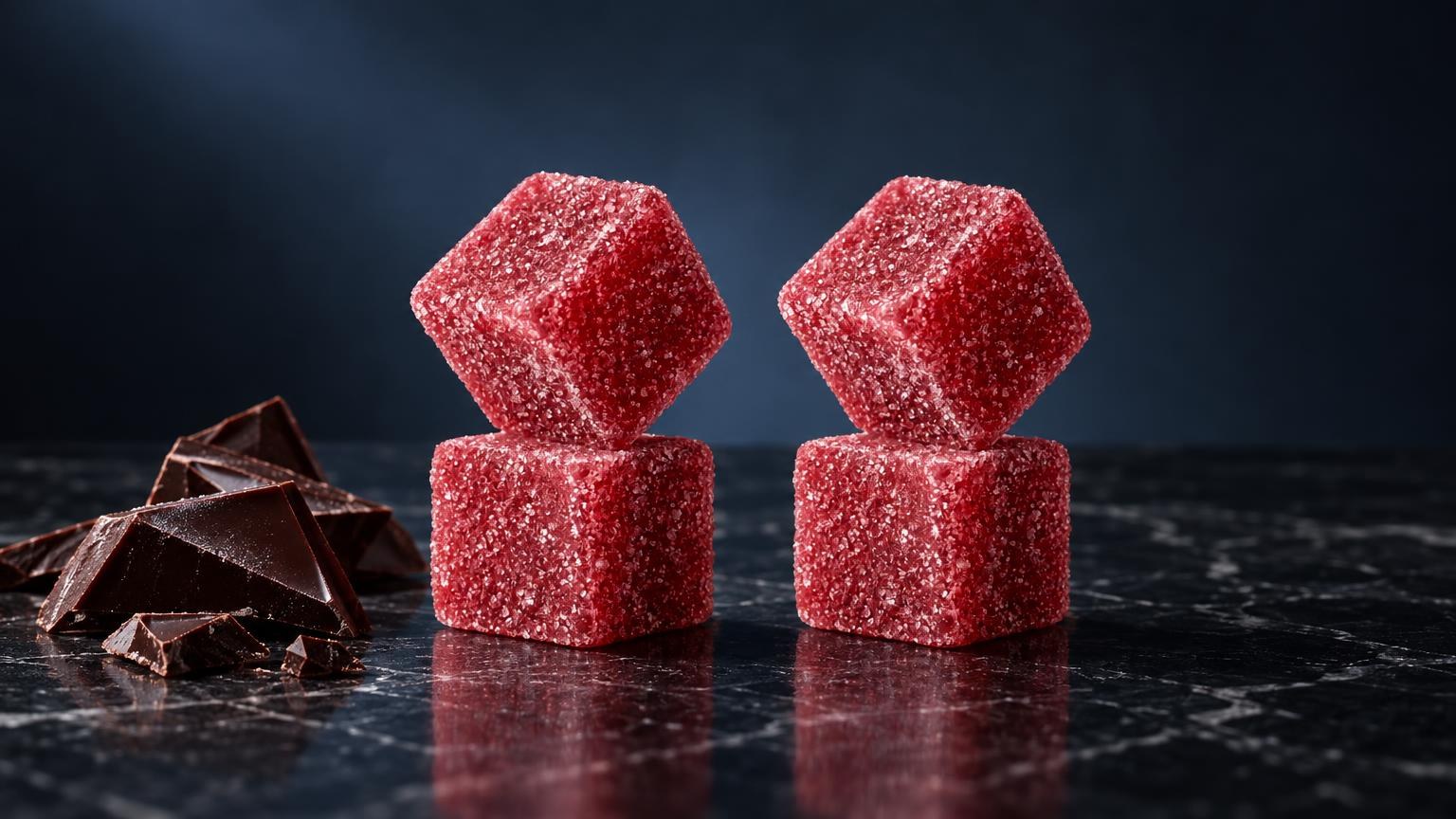 Twee rode vierkante snoepjes met suiker bedekt, naast bruine chocolade, op donkere achtergrond