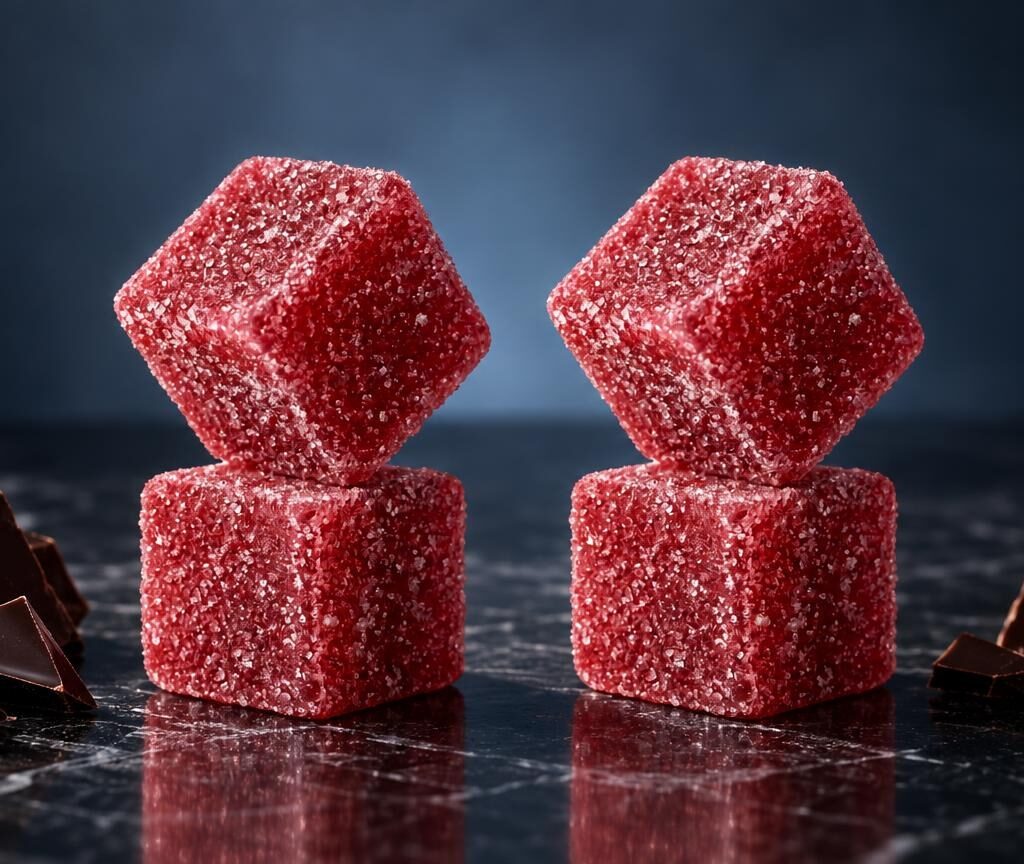 Twee rode cubische snoepjes met kristalsuiker bedekt, omgeven door chocoladestukjes op donkere ondergrond