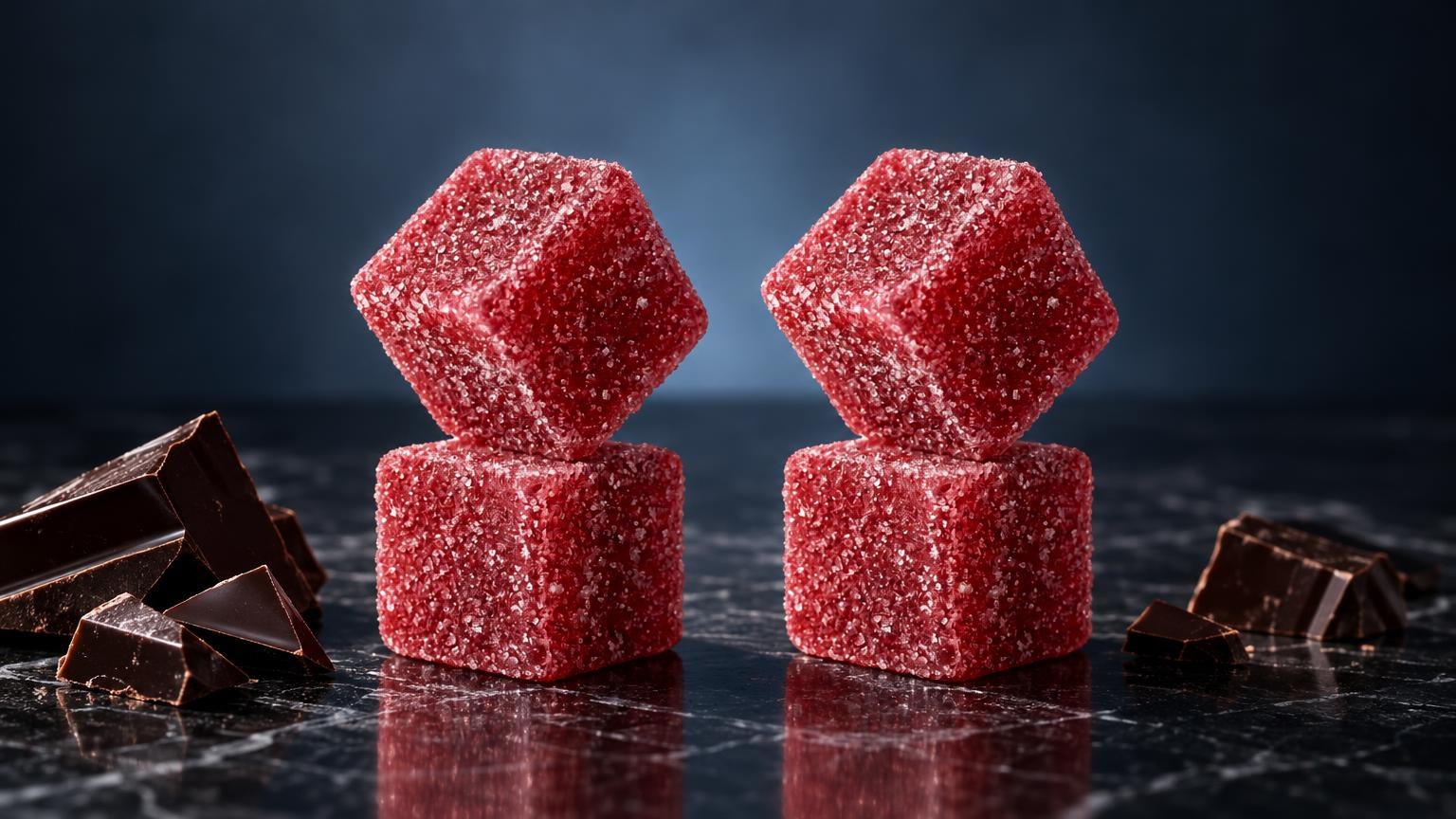 Twee rode cubische snoepjes met kristalsuiker bedekt, omgeven door chocoladestukjes op donkere ondergrond